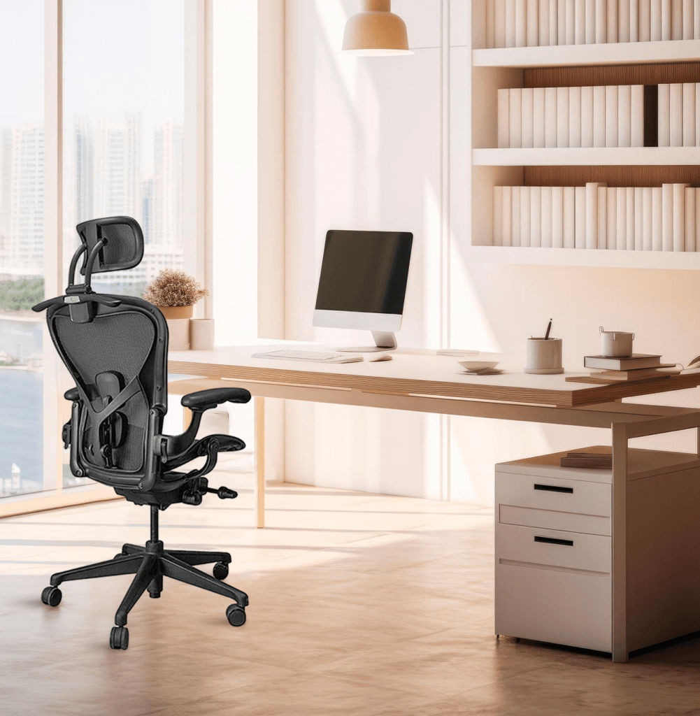 Modern ergonomic office chair in bright home office with desk, computer, bookshelves, and city view.
