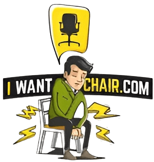 Cartoon man sitting on a chair with "I Want Chair.com" logo, highlighting ergonomic office furniture needs.