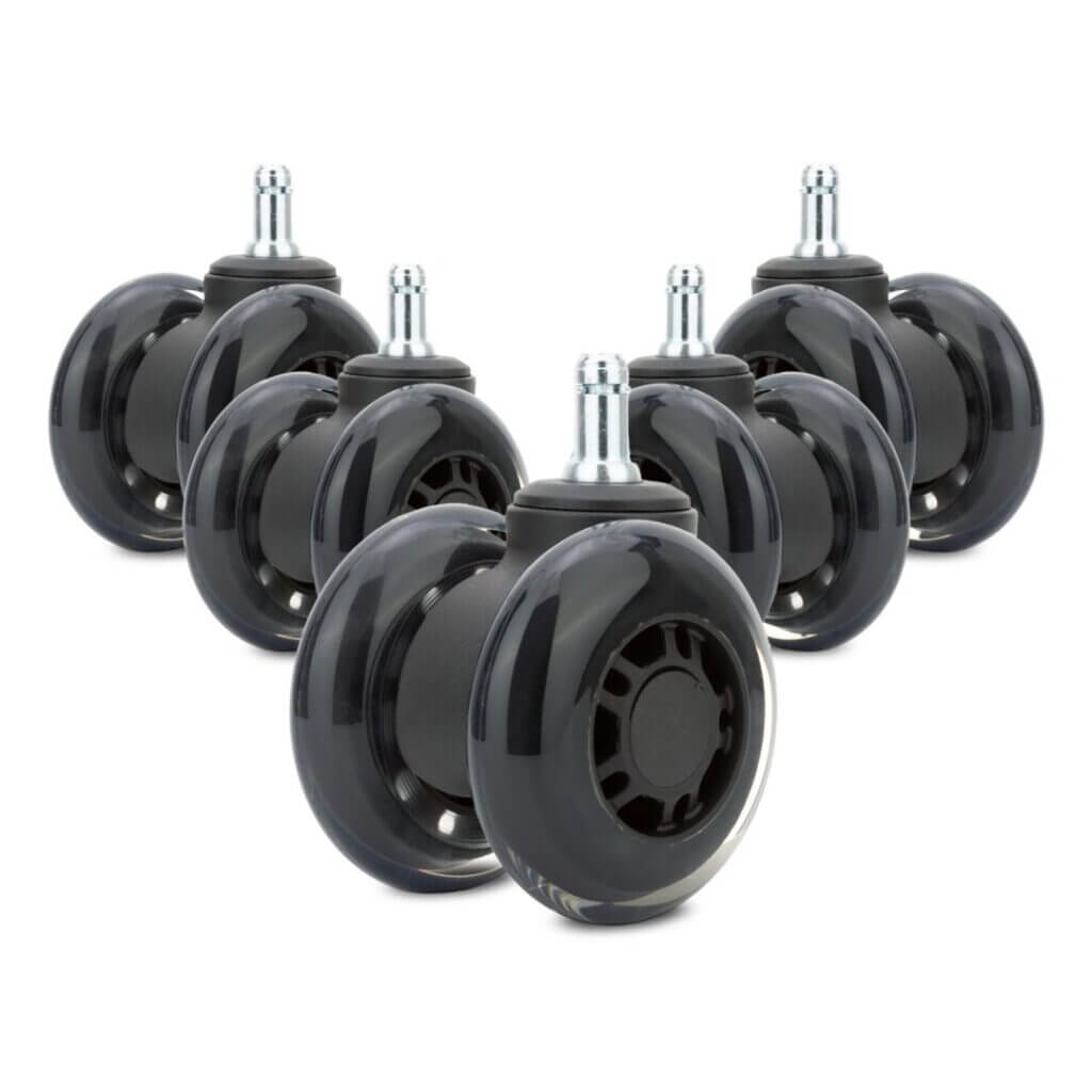 Set of five black office chair caster wheels with polyurethane treads and metal stems for hardwood floors.